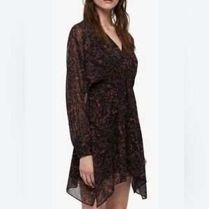 All Saints Nichola Rosey Dress Black and Red Patterned Long Sleeve Mini Medium